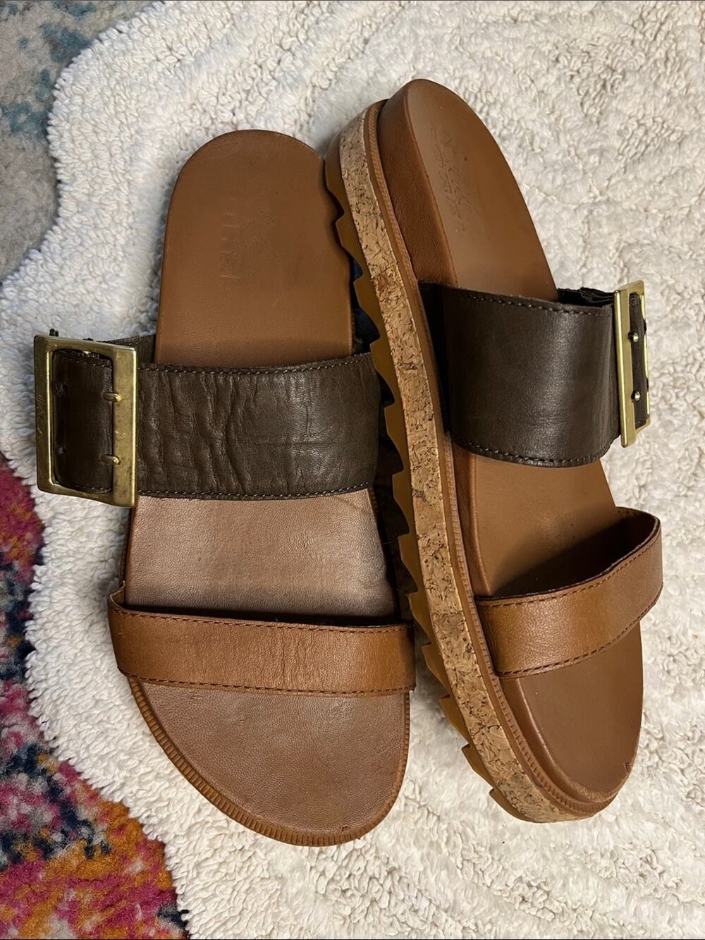 Sorel Roaming Buckle Slides Sandals Brown Tan Gold Buckle Cork Size 7.5